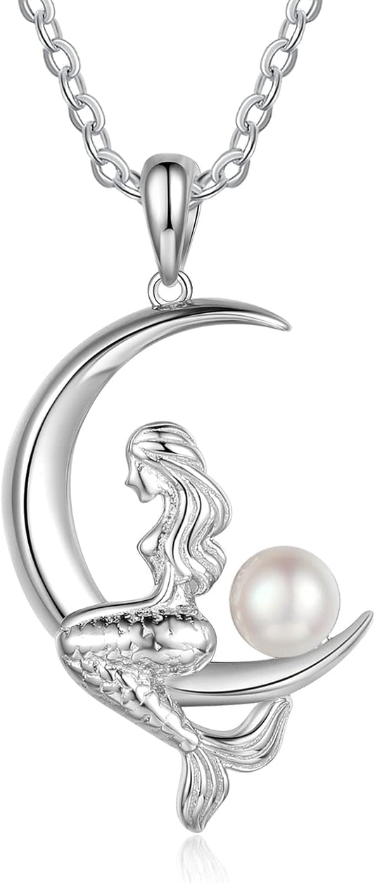 Pearl Mermaid Pendant Necklace for Women,Moon Pendant Mermaid Necklace with Pearl,Silver Jewelry Gifts for Mom,Daughter,Mermaid Moon Necklace Birthday Gifts for Women,Mermaid Necklace